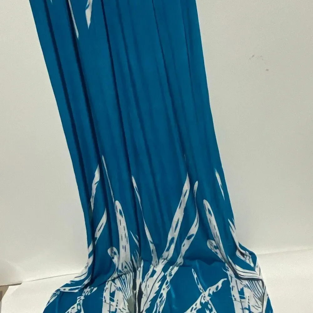 Women's Blue White Tropical Smocked Stretchy‎ Pullover Maxi Dress One Size NWT